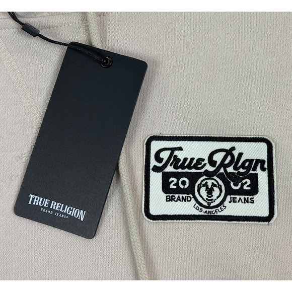 True Religion Patch Hit Hoodie Mens Large Beige Pullover Hooded Sweatshirt - Picture 5 of 12